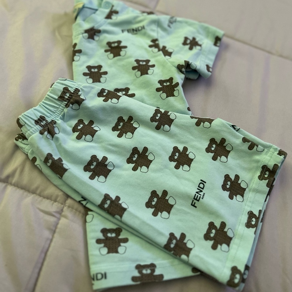 Fendi Blue and Brown Short Set with Bear Print